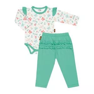 Conjunto De Body & Calça Reta Com Babados<BR>- Branco & Verde Água<BR>- Batistela<BR>- Batistela Baby