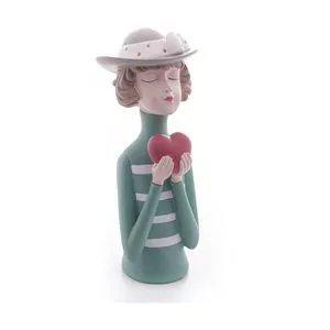 Figura Decorativa Boneca Com Coração<BR>- Verde Água & Cinza Claro<BR>- 23x9,5cm<BR>- Wolff