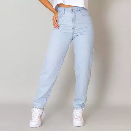 Calça Jeans Reta Com Recortes- Azul Claro