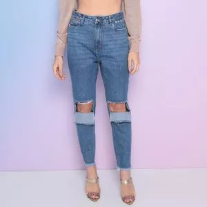 Calça Jeans Reta Com Destroyed<BR>- Azul<BR>- Consciência Jeans