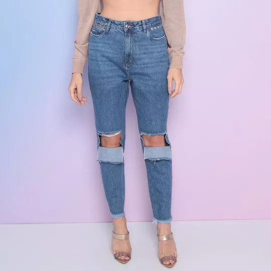 Calça Jeans Reta Com Destroyed- Azul- Consciência Jeans