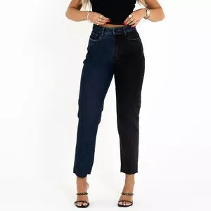 Calça Jeans Mom Com Recortes<BR>- Azul Escuro & Preta