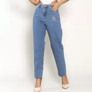 Calça Jeans Reta Com Bolsos<BR>- Azul