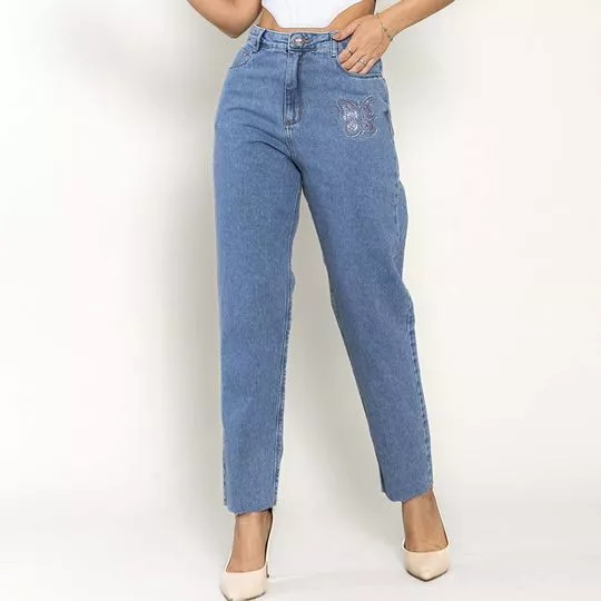 Calça Jeans Reta Com Bolsos- Azul