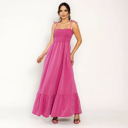 Vestido Longo Com Recortes- Rosa