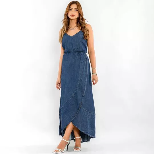 Vestido Midi Com Recortes- Azul Escuro- Consciência Jeans