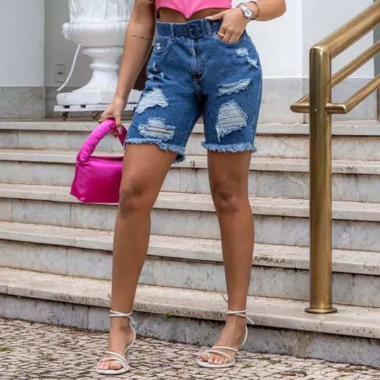 Bermuda Jeans Com Bolsos- Azul- Consciência Jeans