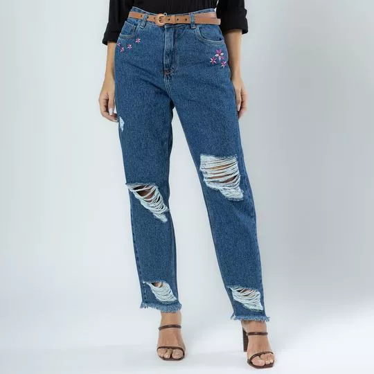 Calça Jeans Mom Com Bordados- Azul