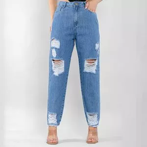 Calça Jeans Mom Destroyed<BR>- Azul