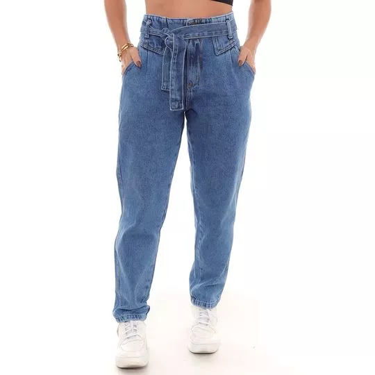 Calça Jeans Mom Com Faixa- Azul