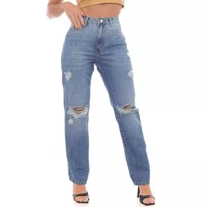 Calça Jeans Reta Com Destroyed<BR>- Azul