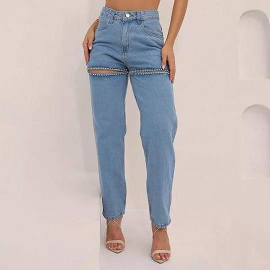 Calça Jeans Mom Com Recortes- Azul