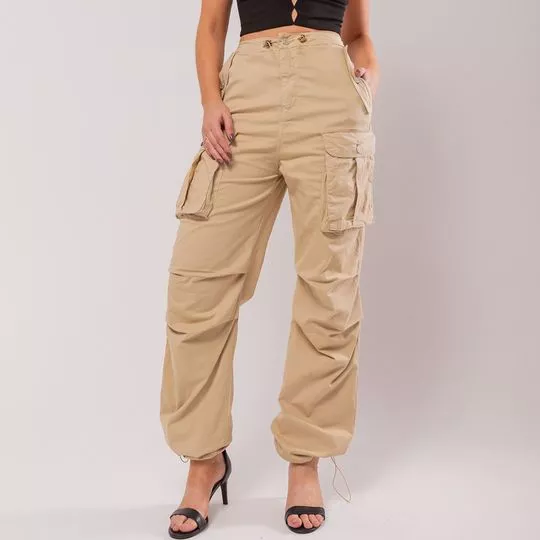 Calça Parachute Com Bolsos- Bege