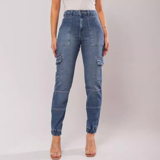 Calça Jeans Jogger Com Bolsos- Azul