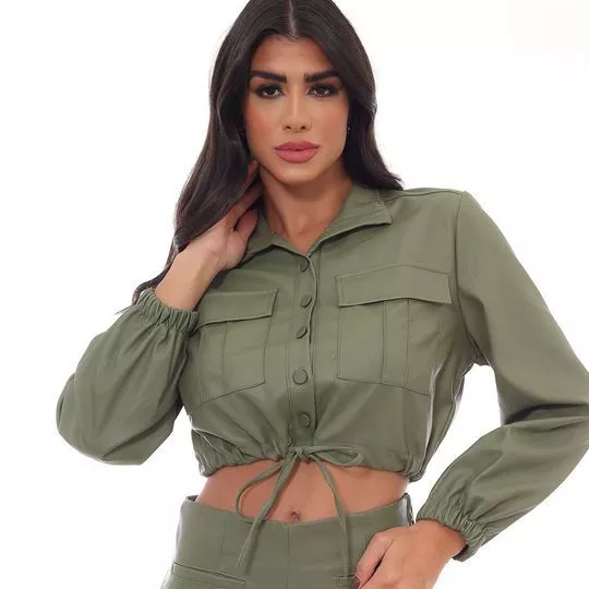 Casaco Cropped Em Couro Sintético- Verde Militar