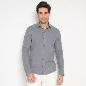 Camisa Xadrez Com Recortes<BR>- Branca & Azul Marinho