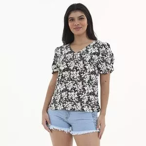 Blusa Floral<BR>- Preta & Branca<BR>- By Unna