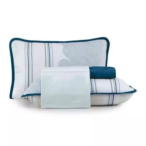 Jogo De Cama Blend Malha King Size<BR>- Off White & Azul<BR>- 4Pçs