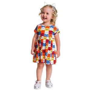 Vestido Gatinhos<BR>- Branco & Azul<BR>- Kyly