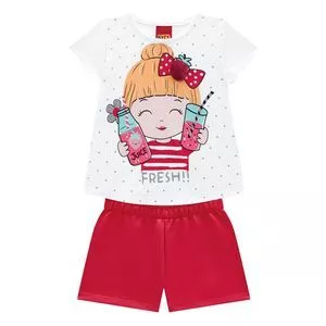 Conjunto De Blusa Com Pompom & Short<BR>- Branco & Vermelho<BR>- Kyly