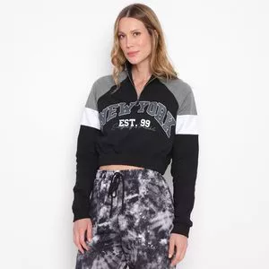 Blusão Cropped New York<BR>- Preto & Cinza Escuro<BR>- Enfim