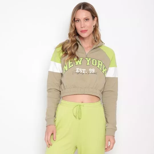 Blusão Cropped New York- Bege & Verde Claro- Enfim