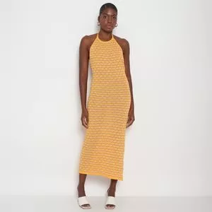 Vestido Midi Em Tricô<BR>- Amarelo Escuro & Off White<BR>- Animale