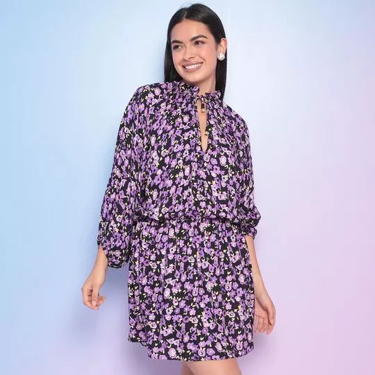 Vestido Curto Floral- Preto & Roxo- Lança Perfume