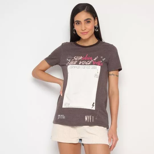 Camiseta Com Inscrições- Taupe & Off White- My Favorite Things