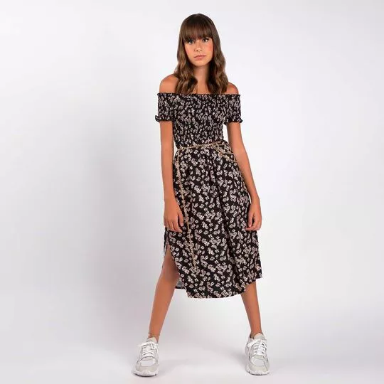 Vestido Ombro A Ombro Floral- Preto & Laranja- Vallen & You me