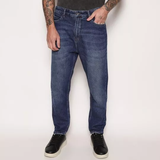 Calça Jeans Reta Com Recortes- Azul