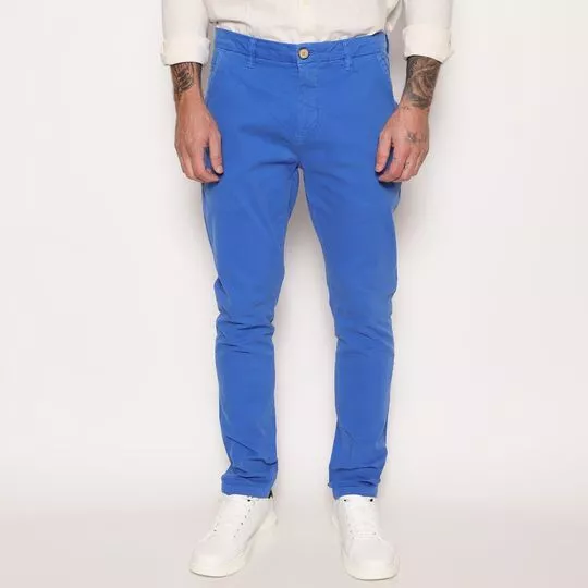 Calça Jeans Reta Com Recortes- Azul Royal