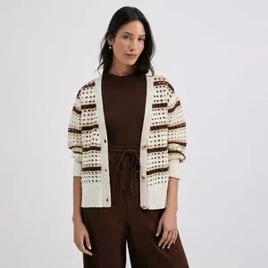 Cardigan Em Crochê<BR>- Off White & Marrom