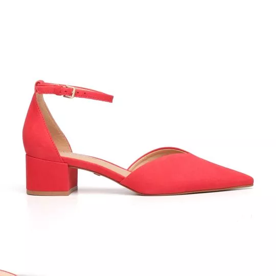 Slingback Em Couro Acamurçado- Vermelho- Salto: 4cm- Carrano