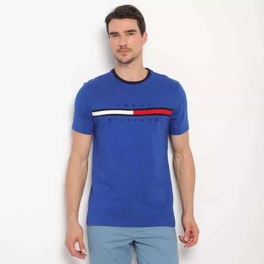 Camiseta Com Inscrição- Azul Escuro & Vermelha- Tommy Hilfiger