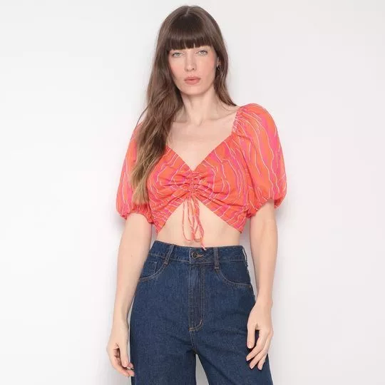 Cropped Com Amarração- Laranja & Rosa- ZINCO