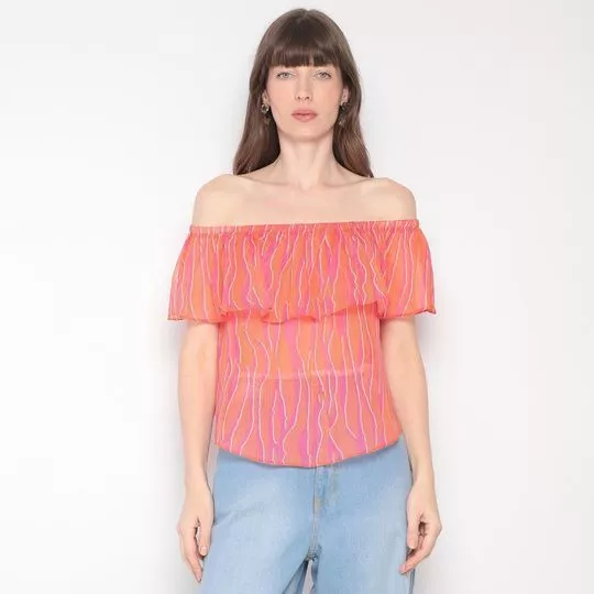 Blusa Ombro A Ombro Com Babado- Laranja & Rosa- ZINCO