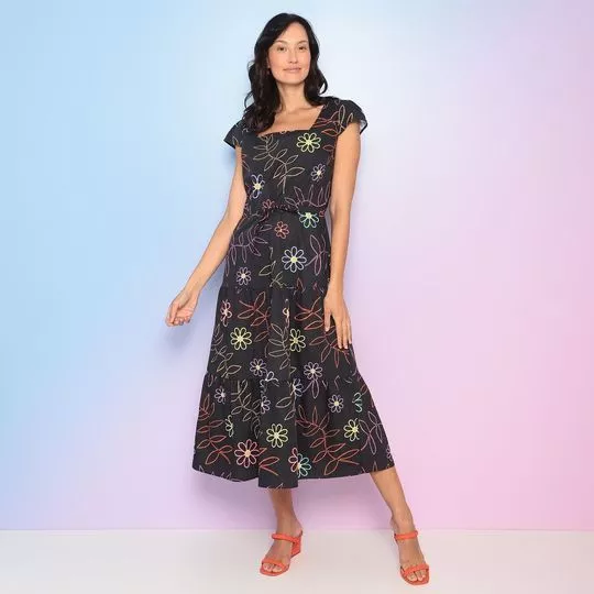 Vestido Midi Floral- Preto & Rosa- VIP RESERVA