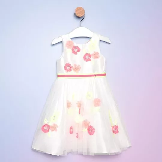 Vestido Em Tule Com Flores- Branco & Pink- PETIT CHERIE