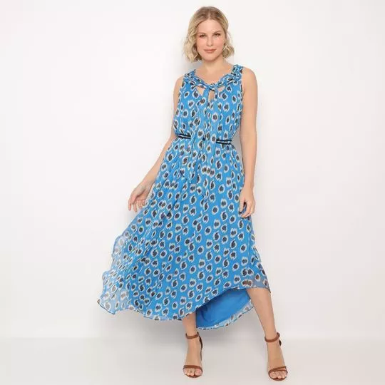 Vestido Midi Abstrato- Azul & Preto- MARIA VALENTINA