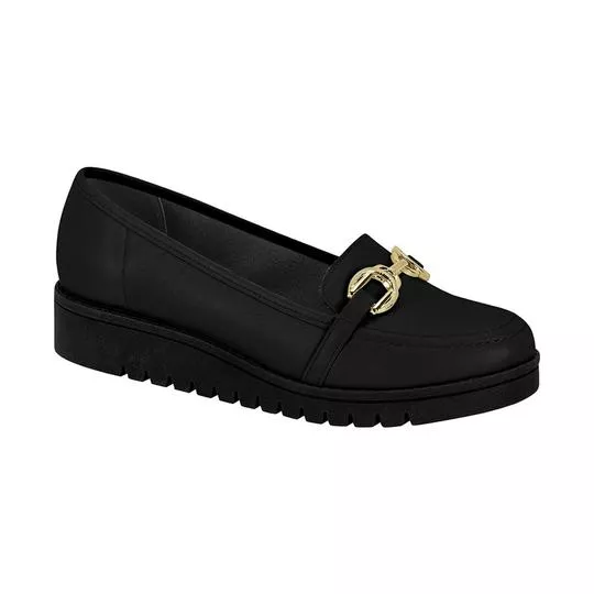 Loafer Com Aviamento- Preto & Dourado- Entressola: 3cm- Beira Rio