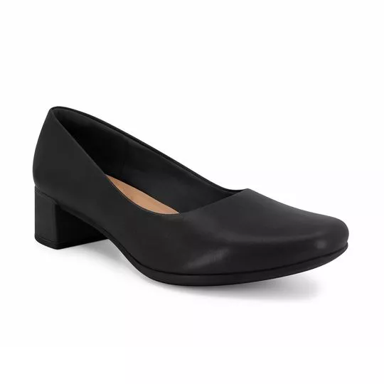 Sapato Em Couro Liso- Preto- Salto: 4,5cm- Usaflex