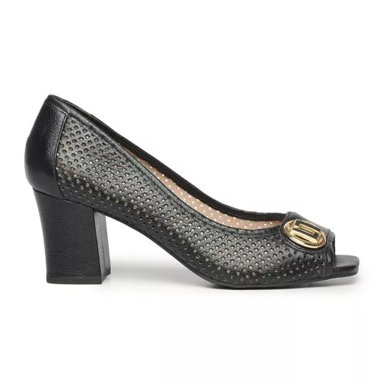 Peep Toe Com Recortes Vazados- Preto & Dourado- Salto: 6cm- Luz da Lua