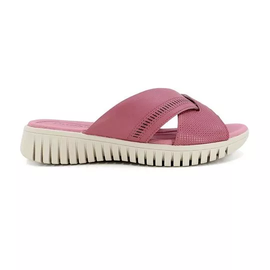 Tamanco Plataforma Em Couro Com Tiras Traspassadas- Rosa- Salto: 3cm- Usaflex