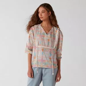 Blusa Com Recortes<BR>- Off White & Laranja