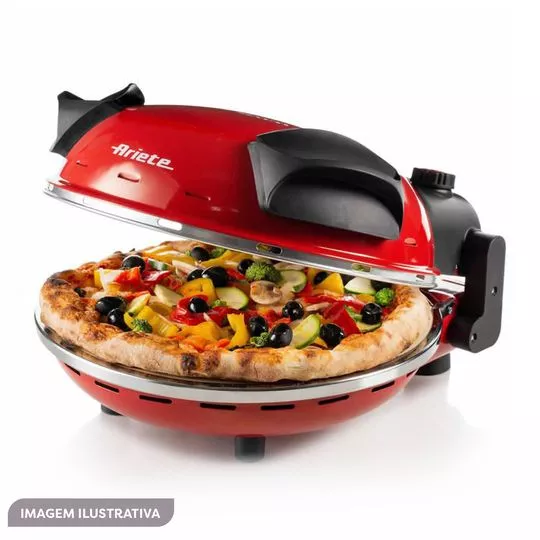 Forno De Pizza Elétrico Com Pedra Refratária Ariete® 909- Vermelha & Preta- 19x30x34cm- 127V- 1200W- Ariete