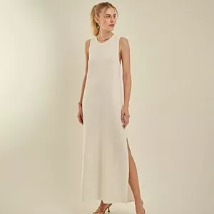 Vestido Longo Com Fenda<BR>- Off White