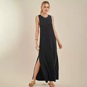 Vestido Longo Com Fenda<BR>- Preto