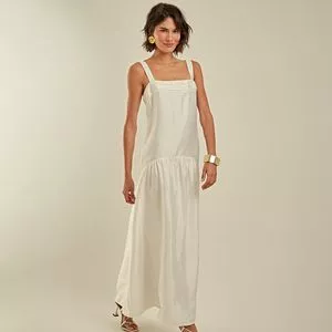 Vestido Longo Com Franzidos<BR>- Off White