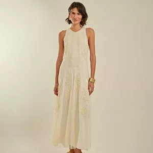 Vestido Longo Com Tule<BR>- Off White